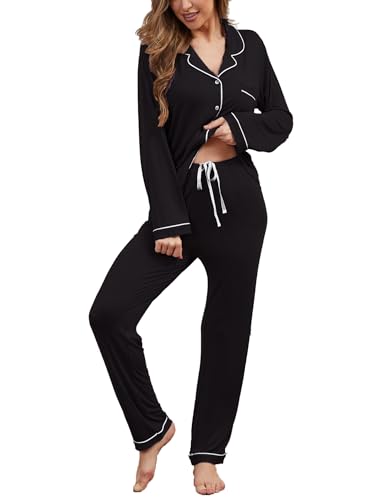 Button Up Pajamas for Women Long Sleeve Sleepwear Soft Loungewear Ladies Pjs Set XS-XXL - color: Black, size: Large