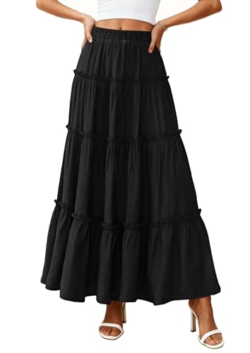 PRETTYGARDEN Women's Boho Tiered Ruffle Flowy Maxi Skirt - color: Black, size: Large