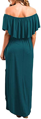 Sarin Mathews Womens Off The Shoulder Ruffle Party Dress Casual Side Split Beach Long Maxi Dresses with Pockets - color: Acie Blue, size: Medium