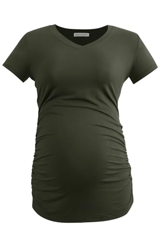 Smallshow Women's V Neck Maternity Clothes Tops Side Ruched Pregnancy T Shirt - color: Army Green/Black/Light Grey, size: Medium