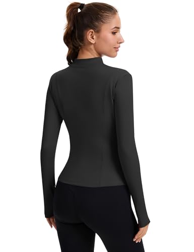 Rapbin Women's Full Zip Workout jackets Runing Slim Fit Athletic Tops With Thumb Holes - color: Black, size: Large