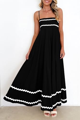 PRETTYGARDEN Women's Summer Spaghetti Strap Boho Maxi Dress - color: Black, size: XX-Large