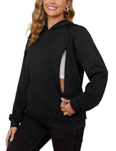 Nursing Sweatshirt Hoodie for Breastfeeding with Hidden Zippers Maternity Breast Pumping Tops Kangaroo Pocket - color: Black, size: Large
