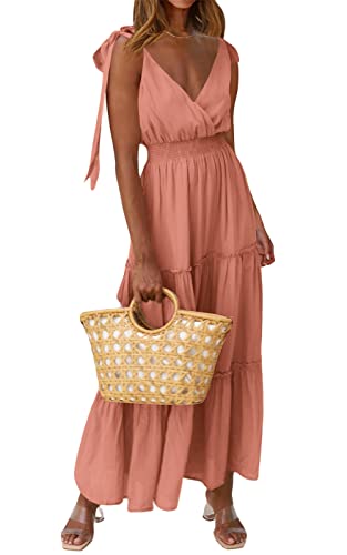 PRETTYGARDEN Women's Cross Neck Summer Sleeveless Tiered Maxi Dress Beach Tie Strap Smocked Long Dresses Pleated Sundress - color: Nude Pink, size: Large