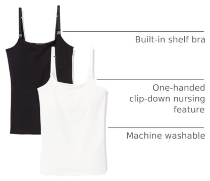 Amazon Essentials Women's Maternity Nursing Camisole with Adjustable Straps and Built-in Shelf Bra, Pack of 2 - color: 2-pack Black/White, size: Medium