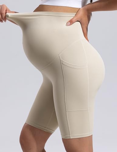 POSHDIVAH Creamluxe Maternity Biker Shorts with Pockets 6"/8" - color: Light Apricot, size: Medium
