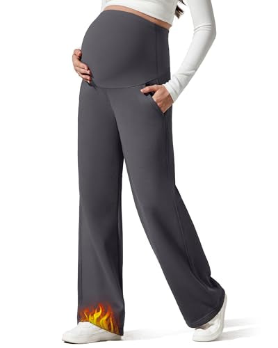 G4Free Flurrylux Fleece Lined Maternity Wide Leg Pants Pregnancy Sweatpants - color: Dark Gray, size: Small