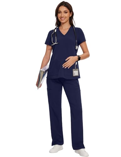 AMPOSH Women's Maternity Scrub Pants with 6 Pockets Stretchy Straight Leg Pregnancy Workwear - color: Black/Navy, size: X-Large