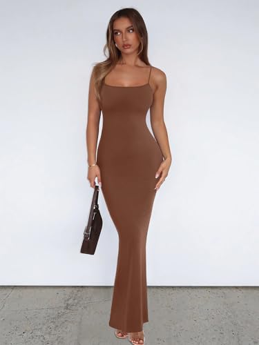 REORIA Women's Basic Sexy Lounge Slip Long Dress Elegant Sleeveless Backless Ribbed Bodycon Maxi Dresses - color: Coffee, size: Small
