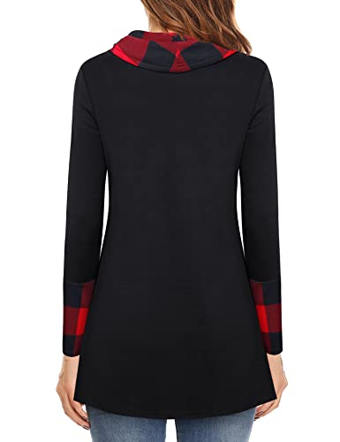Furnex Women's Long Sleeve Cowl Neck Tunic Top Casual Pullover Sweatshirt - color: Black Red, size: Medium