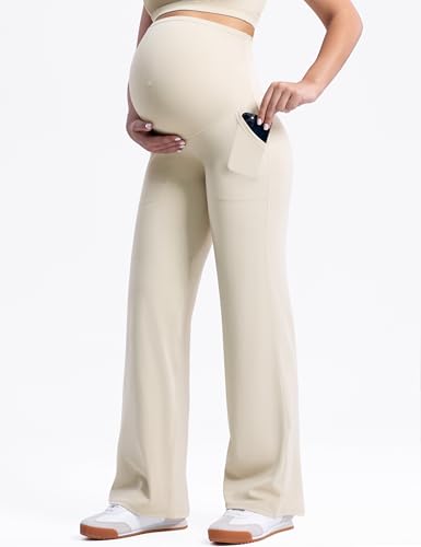 POSHDIVAH Creamluxe Maternity Wide Leg Pants Pregnancy Work Trousers - color: Light Apricot, size: Medium