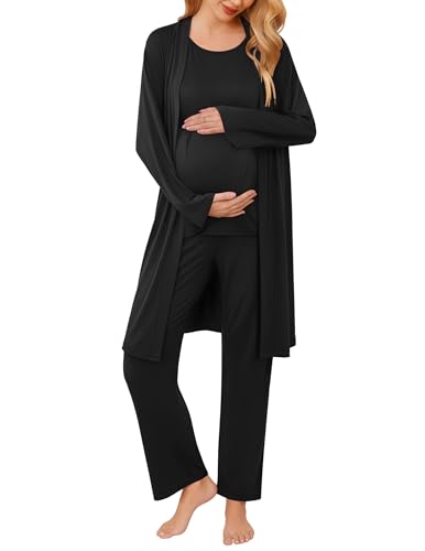 Ekouaer Maternity Pajamas Nursing Robe Set 3 Pieces Post Partum Lounge Sets - color: Black, size: Medium
