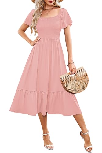 AUSELILY Women's Summer Smocked Short Sleeve Midi Dress 2026 - color: Light Pink, size: Medium