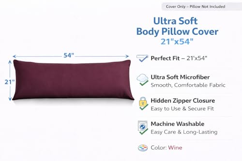 EVOLIVE Body Pillow Cover 21"x54", Microfiber, Hidden Zipper (Wine) - color: Wine