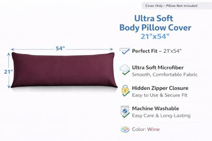 EVOLIVE Body Pillow Cover 21"x54", Microfiber, Hidden Zipper (Wine) - color: Wine