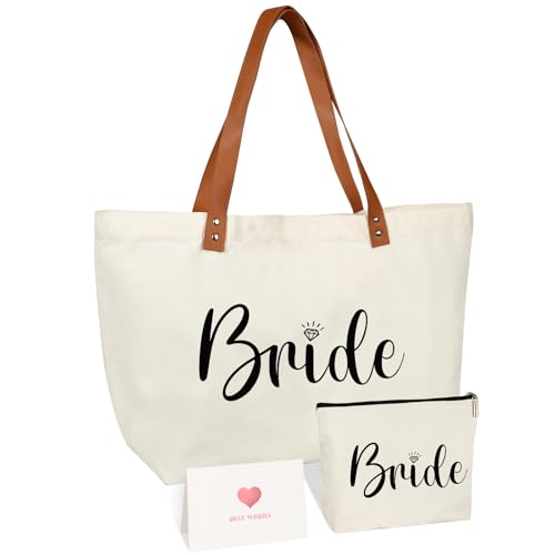 Bride Gifts Canvas Tote Bag with Makeup Bag,Bride to Be,Bridal Shower Gift - color: White-bride