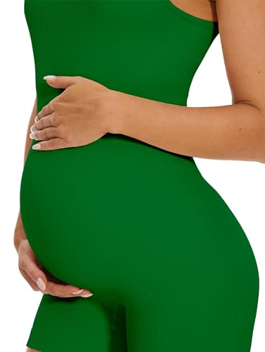 BDITANLE Maternity Workout Romper Pregnancy Yoga Ribbed One Piece Seamless Tank Top Jumpsuit - color: 04green, size: Medium