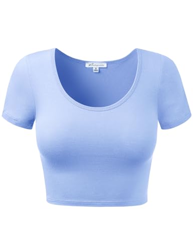 Women Cotton Scoop Neck Crop Tops Short Sleeve Basic Casual Shirts - color: 939-spring Blue, size: Small