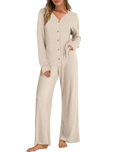 ANRABESS Womens Lounge Set 2 Piece Pajama Sets Ribbed Knit Matching Set - color: Light Khaki, size: Medium