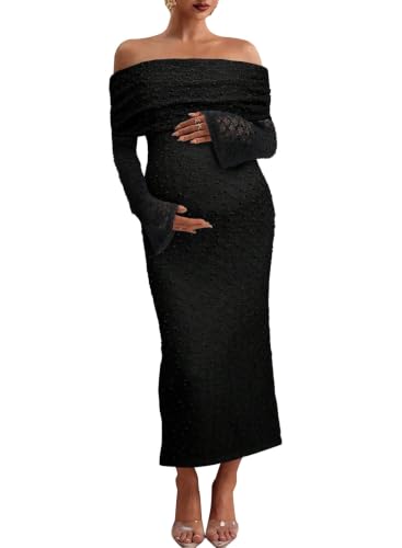 BLENCOT Womens Off Shoulder Flare Sleeve Split Bodycon Maternity Dress - color: Black, size: Small