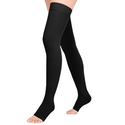 Athbavib 20-30 mmHg Thigh High Compression Stockings for Women Men - color: Open Toe-Black, size: Medium