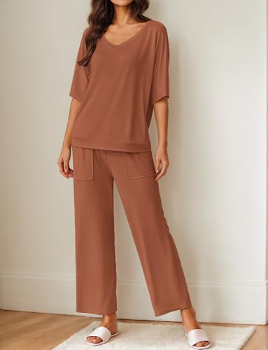 Ekouaer Lounge Sets for Women Comfy Pajamas Set 2 Piece Outfits - color: Camel, size: XX-Large