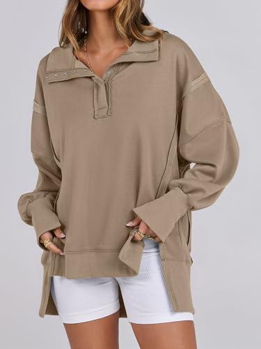 ANRABESS Sweatshirt for Women Oversized Casual Fall Henley Pullover Top - color: Khaki, size: Medium