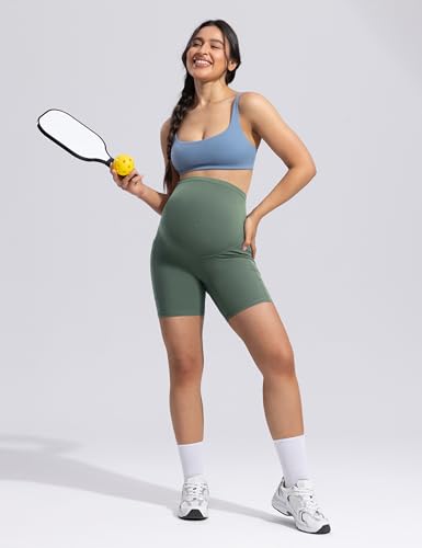 POSHDIVAH Creamluxe Maternity Biker Shorts with Pockets 6"/8" - color: Olive Mist, size: Medium