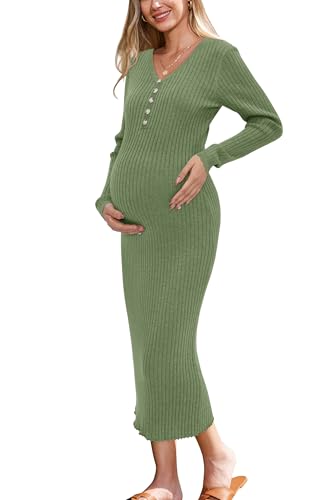 OUGES Women's Wool Maternity Sweater Dress Button Fall Baby Shower Dress - color: Army Green, size: Medium