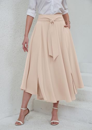 chouyatou Women's Elegant High Waisted Side Slit Irregular Bohemian Maxi Skirt with Pockets - color: Apricot, size: Large