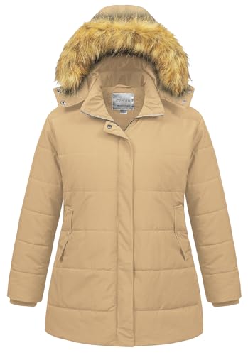 Chrisuno Women's Plus Size Winter Coat Waterproof Long Puffer Jacket Warm Thicken Parka with Removable Fur Hood - color: Khaki, size: 3X
