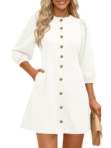 Wenrine Womens Work Mini Dress 3/4 Sleeve Button Down Business Dresses - color: White, size: Small