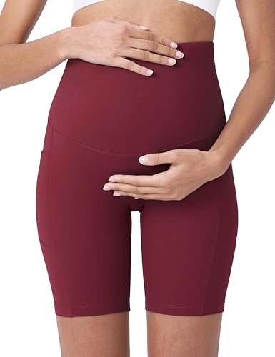POSHDIVAH Maternity Biker Shorts Over the Belly with Pockets 5"/8" - color: Wine Red, size: Medium
