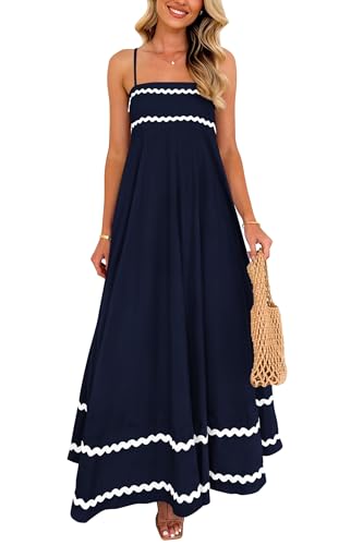 PRETTYGARDEN Women's Summer Spaghetti Strap Boho Maxi Dress - color: Dark Blue, size: X-Large