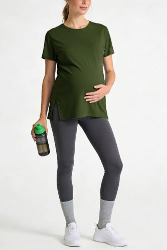 Women's Maternity Shirts Short Sleeve Split Hem Pregnancy Tops Clothes - color: Army Green, size: Large