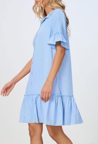 MEROKEETY Women's Summer Casual Tshirt Dress Button Down Shift Mini Dresses - color: Blue, size: Small