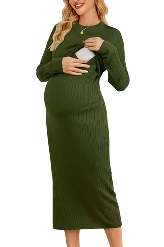 OUGES Women's Wool Blend Sweater Nursing Ribbed Fall Maternity Dress - color: Amy Green, size: XX-Large