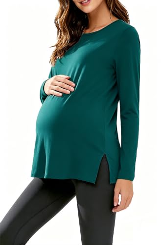 Women's Maternity Shirts Short Sleeve Split Hem Pregnancy Tops Clothes - color: Emerald Green, size: Medium