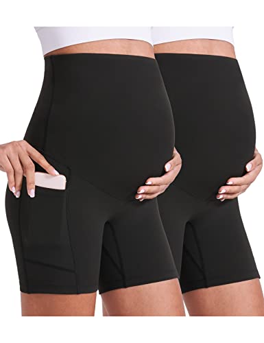 Enerful Maternity Biker Shorts with Pockets 8"/5" - color: 2pcs Black 5", size: Medium