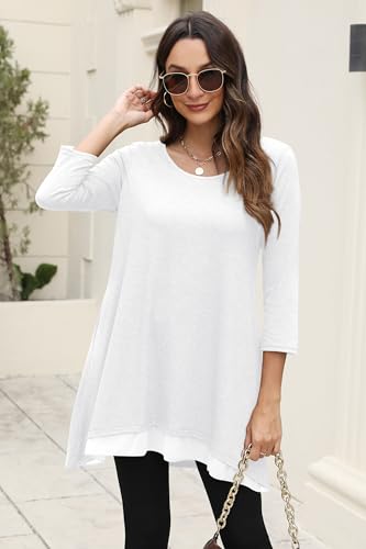 Poetsky Womens 3/4 Sleeve Tunic Tops for Leggings Long Shirts with Pockets - color: White, size: Large