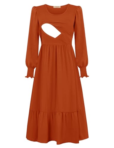 CzzzyL Women Nursing Dresses Crew Neck Fall Maternity Tiered with Pockets - color: Orange, size: Small
