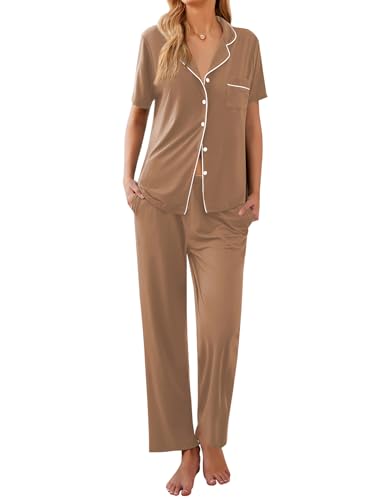 Ekouaer Womens Pajamas Set Short Sleeve Button Down Top & Pants Lounge Pjs - color: Brown, size: Medium