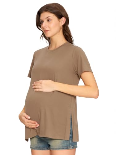 Women's Maternity Shirts, Crew Neck Maternity Top Short Sleeve - color: Coffee, size: Large