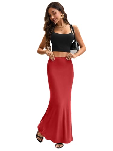 KIFOVEN Women's High Waist Elastic Maxi Skirt - color: Bright Red, size: Large