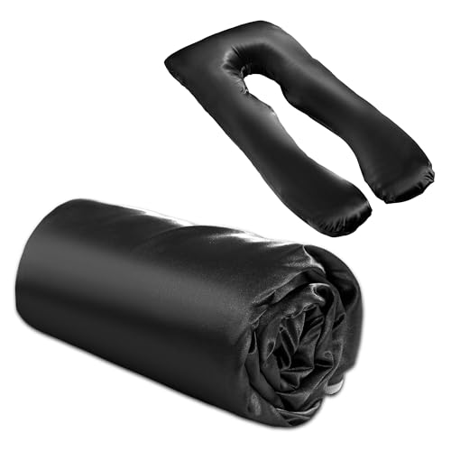 BALAPET Silky Satin Pregnancy Pillow Cover (ONLY Pillowcase), U Shaped Luxurious Smooth Maternity Pillow Cover, Soft & Breathable Large Pillow Protector with Hidden Zip for Side Sleeper, Black - color: Black