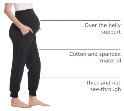 Joyaria Women's Cotton Maternity Jogger Pants Over The Belly with Pockets - color: Black, size: Small