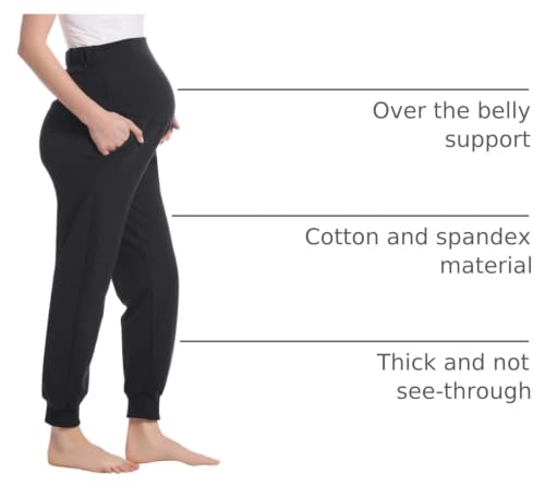 Joyaria Women's Cotton Maternity Jogger Pants Over The Belly with Pockets - color: Black, size: X-Large