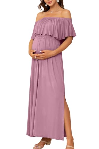 Off Shoulder Ruffle Sleeve Maternity Maxi Dress Side Slit - color: Mauve, size: X-Large