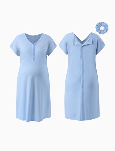 PATPAT Maternity Labor and Delivery Gown, Womens Hospital Gown with Pockets - color: Light Blue, size: Medium (Fit S/M)