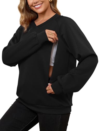 Bhome Nursing Sweatshirt Long Sleeve V Neck Breastfeeding Shirts Zipper Maternity Pumping Tops Pregnancy Sweater Pullover - color: Black, size: Large